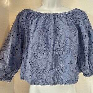 GAP Top Shirt Womens SZ S‎ Blue Boho Floral Embroidered Casual Popover Cropped